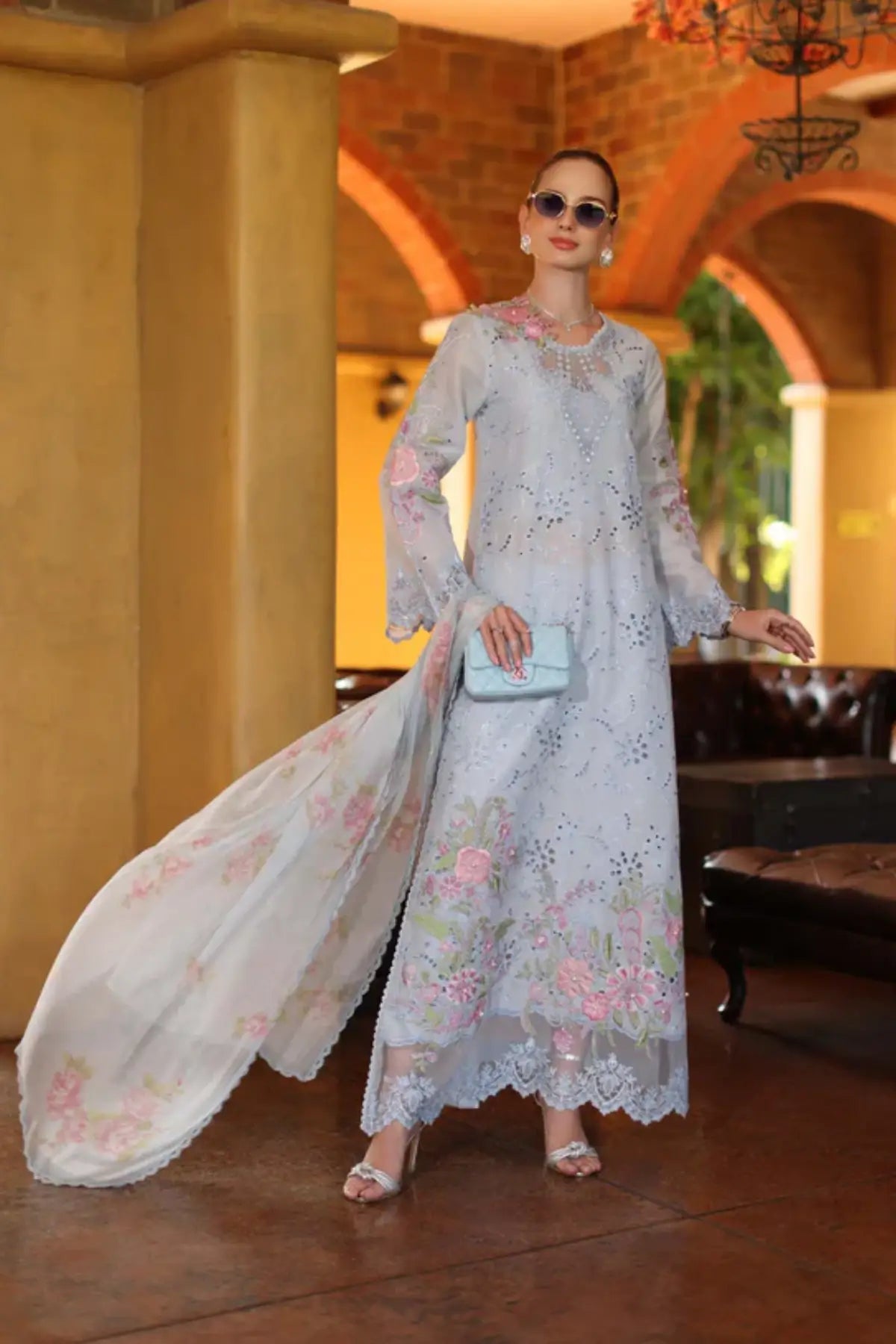 Roselle D10-B pastel ice blue embroidered lawn stitched 3PC suit by Saadia Asad with chiffon dupatta and cambric trouser