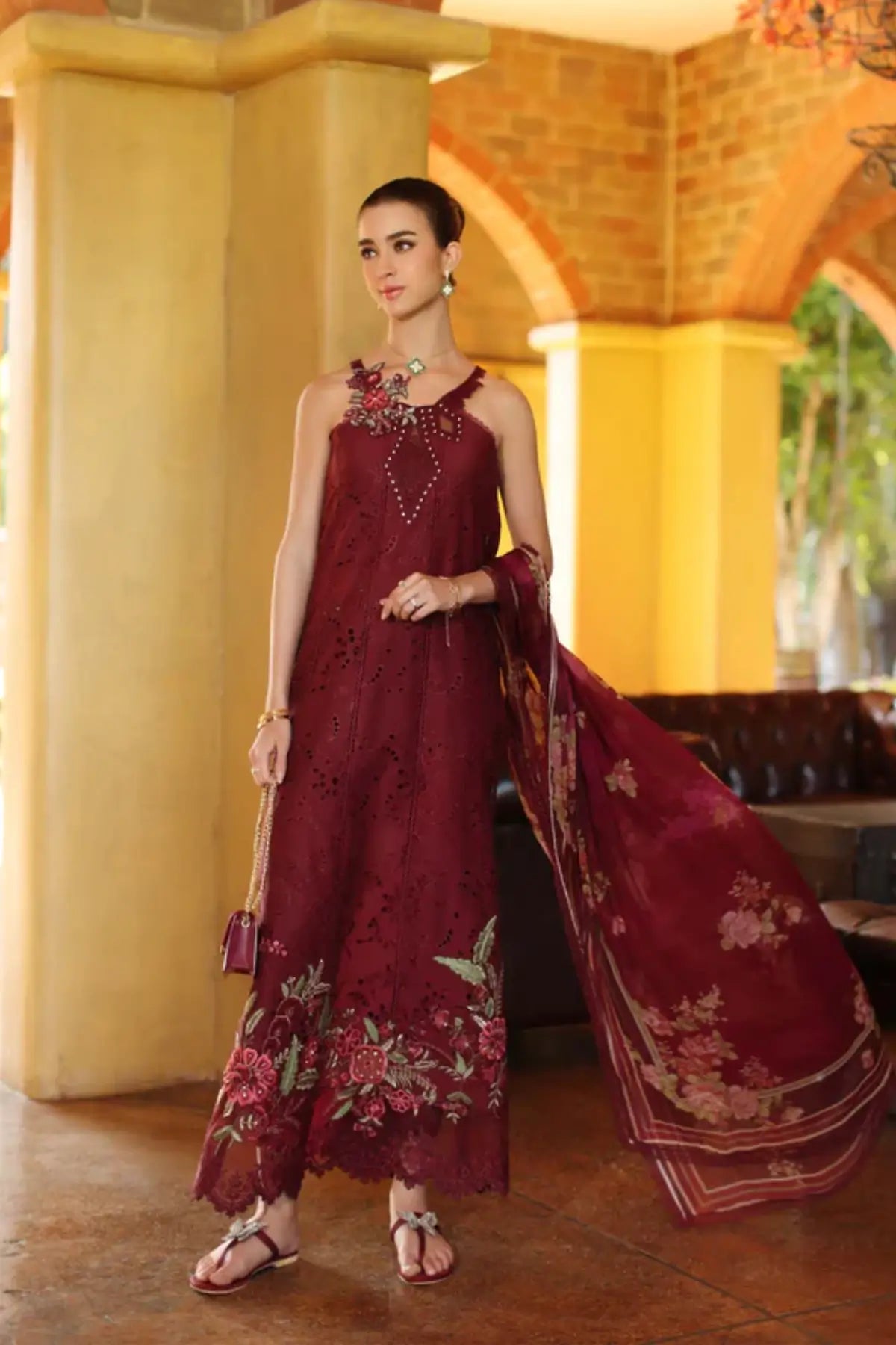 Roselle D10-A maroon embroidered lawn stitched 3PC suit by Saadia Asad with chiffon dupatta and cambric trouser