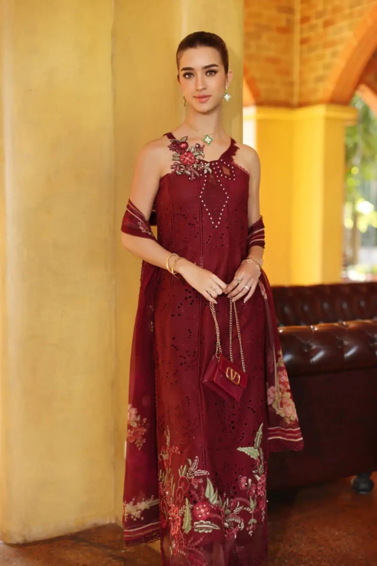 Roselle D10-A maroon embroidered lawn stitched 3PC suit by Saadia Asad with chiffon dupatta and cambric trouser