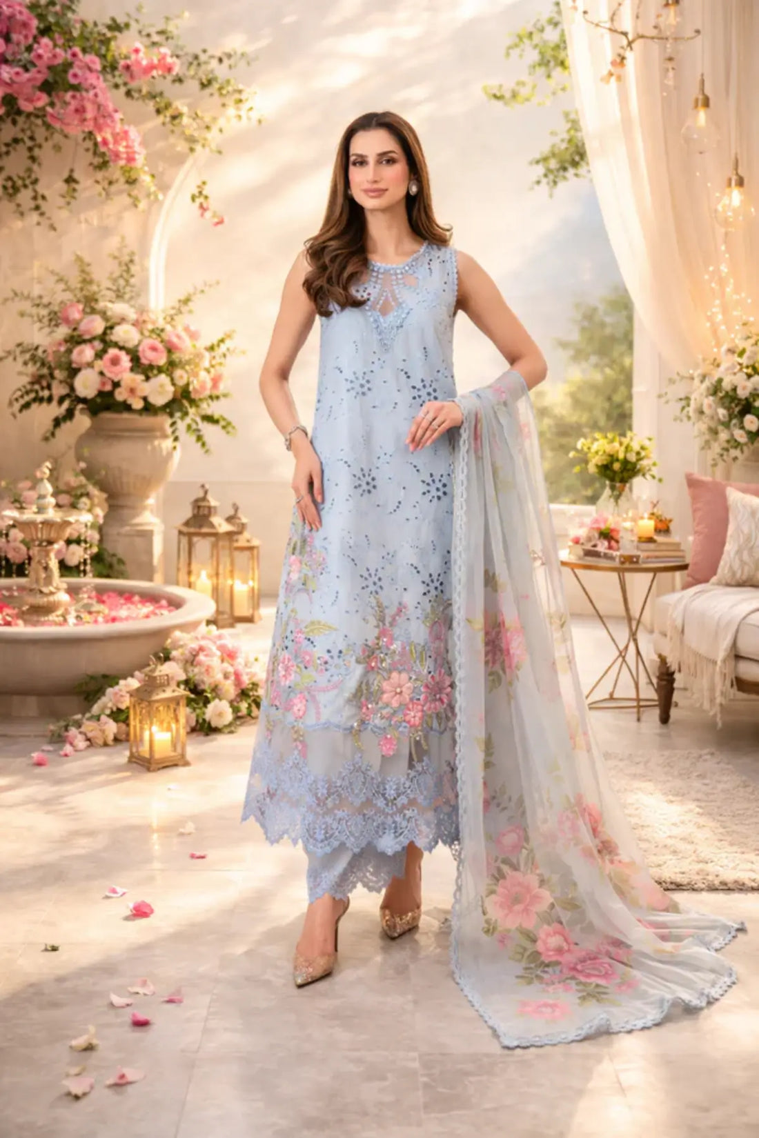 Roselle D10-B pastel ice blue embroidered lawn stitched 3PC suit by Saadia Asad with chiffon dupatta and cambric trouser