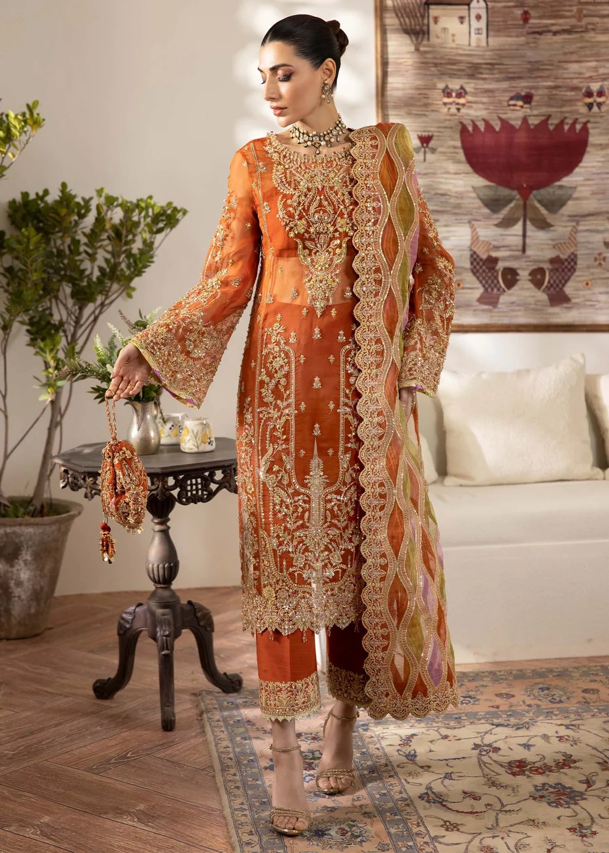 Rust Pakistani short shirt with chattapatti and lace, wide culottes, and multi-layered laser dupatta – ideal for modern festive wear in USA, UK, and Canada.