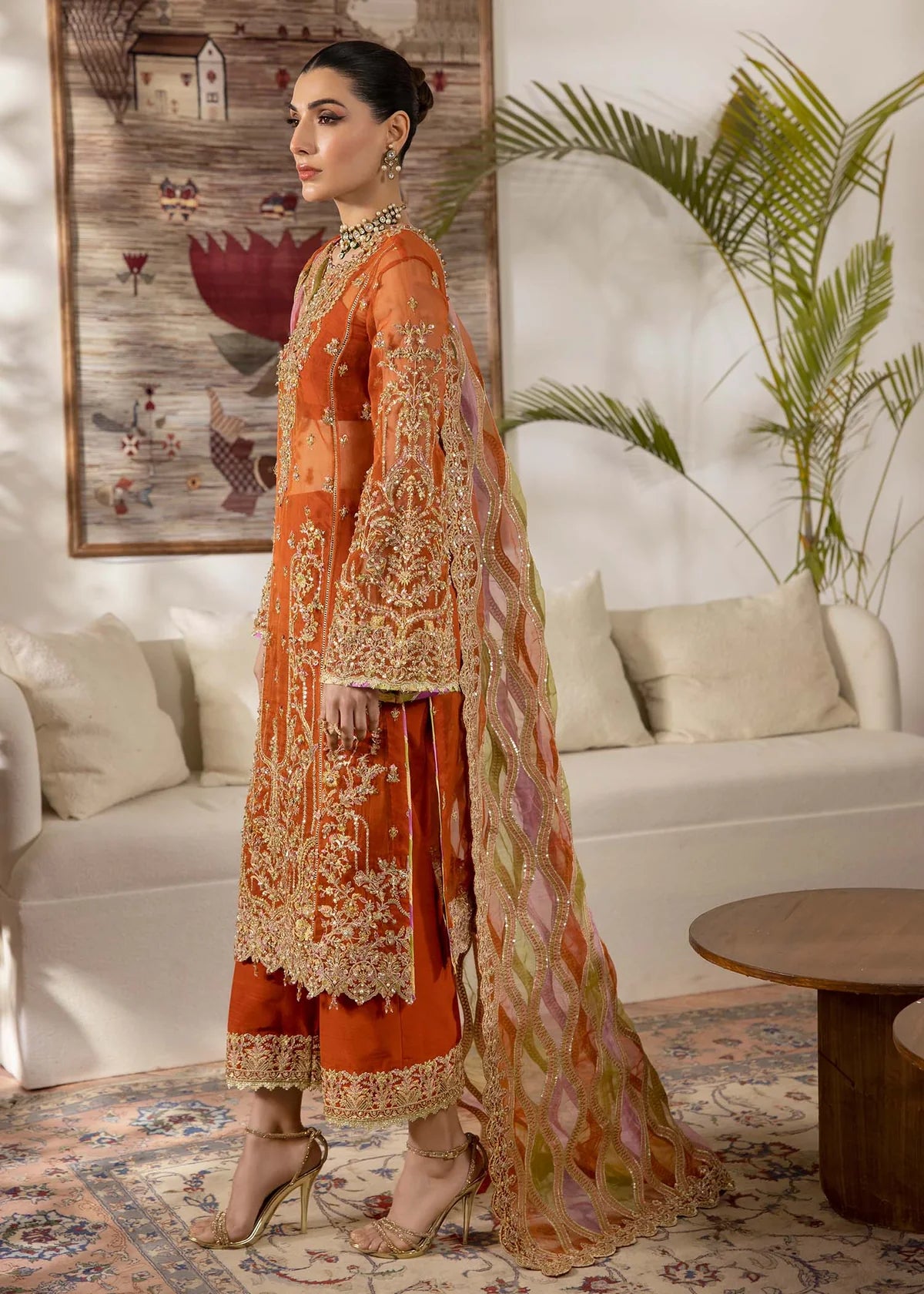 Rust Pakistani short shirt with chattapatti and lace, wide culottes, and multi-layered laser dupatta – ideal for modern festive wear in USA, UK, and Canada.