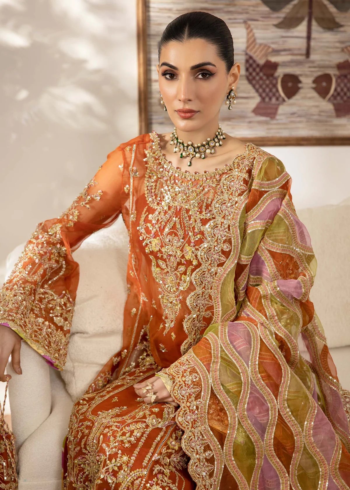 Rust Pakistani short shirt with chattapatti and lace, wide culottes, and multi-layered laser dupatta – ideal for modern festive wear in USA, UK, and Canada.