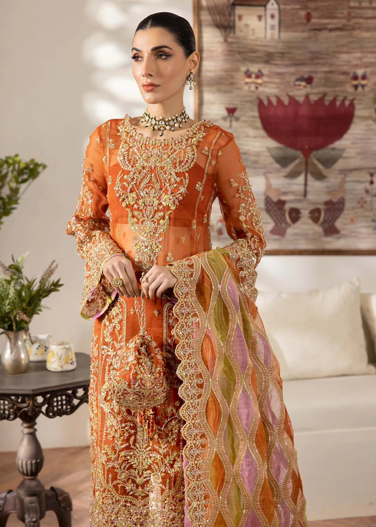 Rust Pakistani short shirt with chattapatti and lace, wide culottes, and multi-layered laser dupatta – ideal for modern festive wear in USA, UK, and Canada.