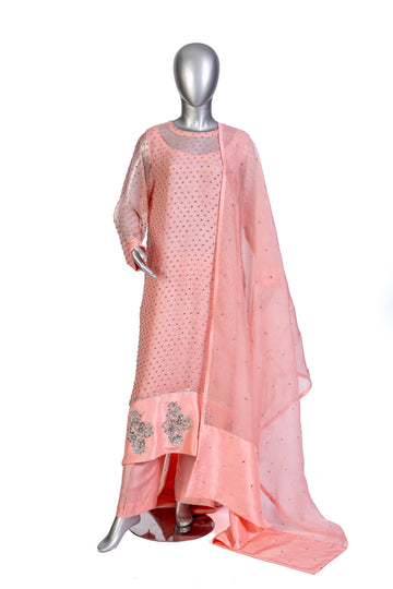 Roshanara – Peach stitched Pakistani organza & raw silk wedding suit with dupatta – MariamRaj.com