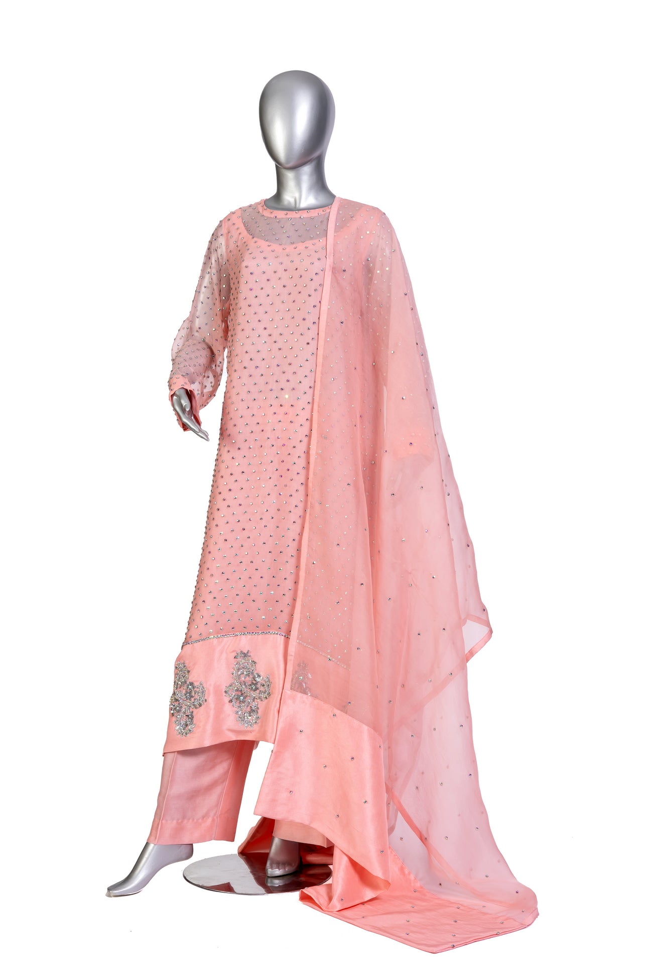 Roshanara – Peach stitched Pakistani organza & raw silk wedding suit with dupatta – MariamRaj.com