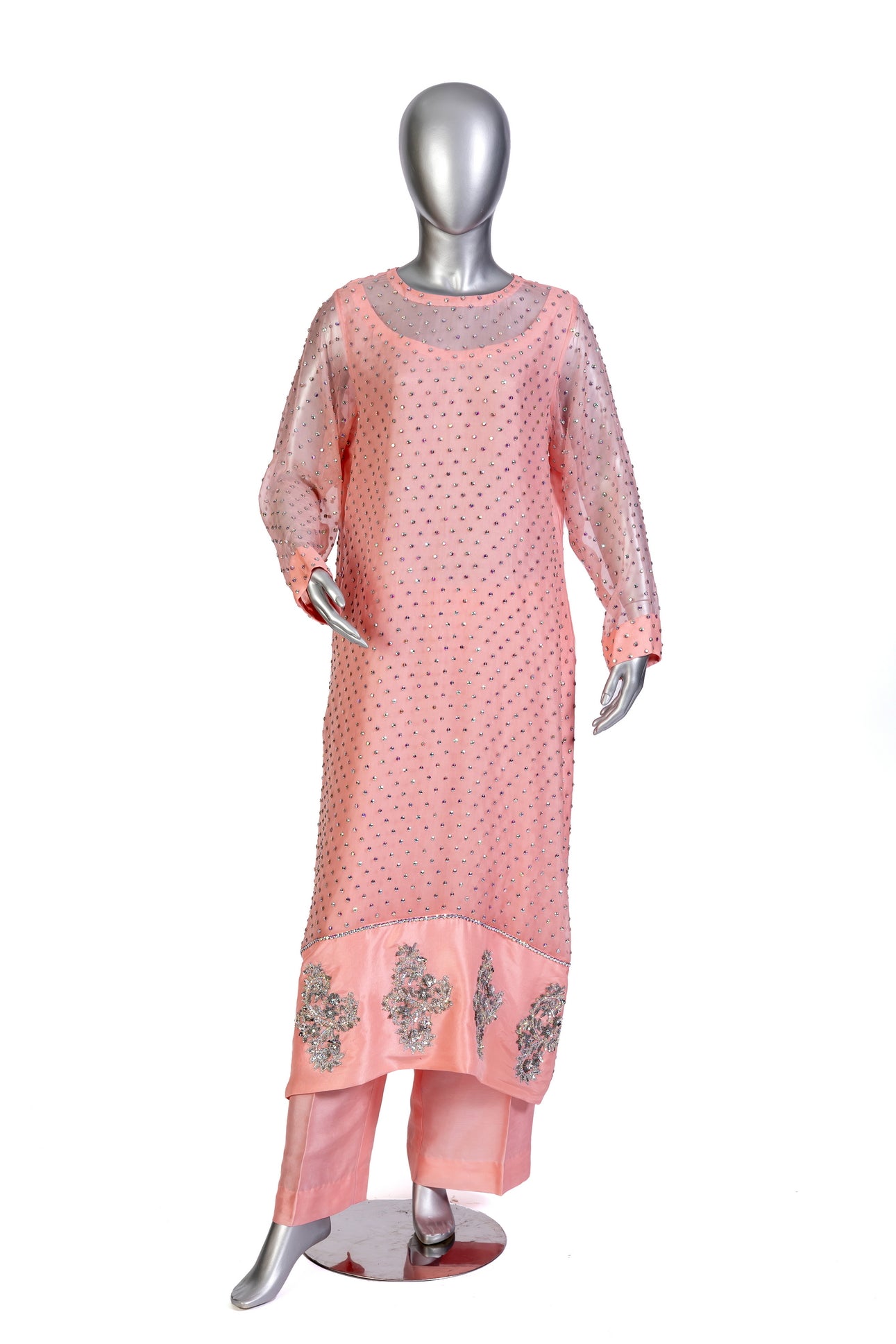 Roshanara – Peach stitched Pakistani organza & raw silk wedding suit with dupatta – MariamRaj.com