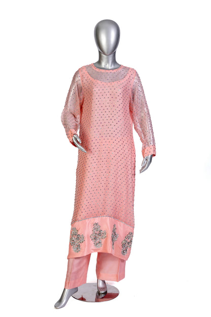 Roshanara – Peach stitched Pakistani organza & raw silk wedding suit with dupatta – MariamRaj.com