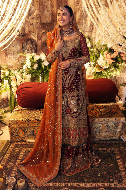 Roshane-Red Bridal Outfit with Heavy Embellishments and Gharara