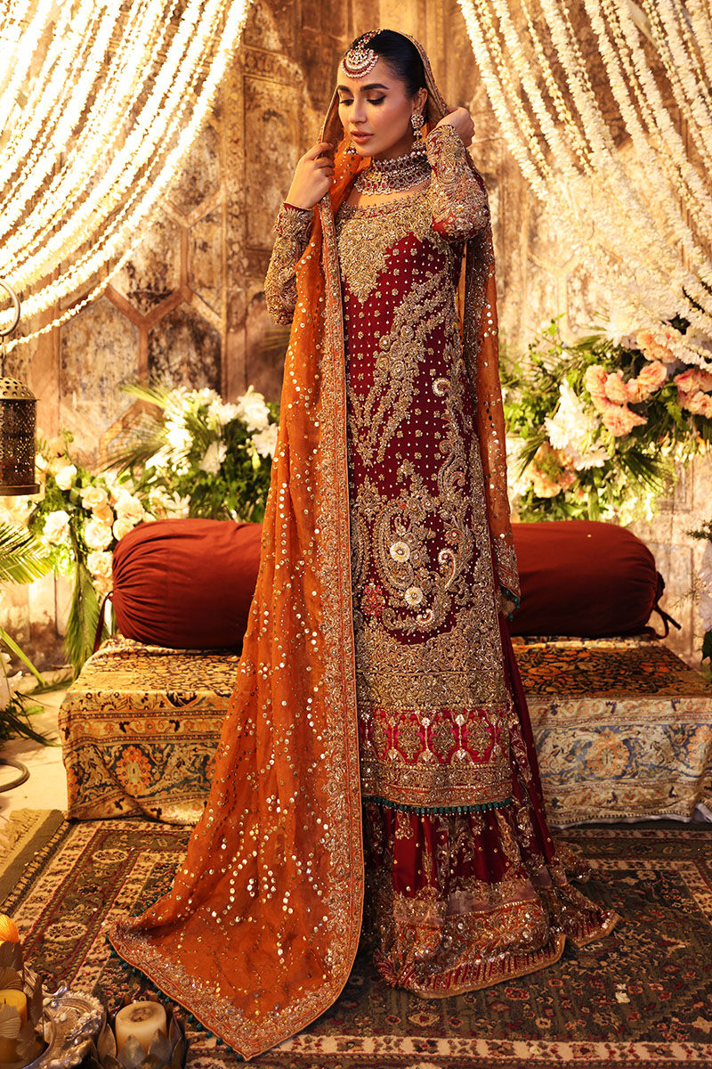 Roshane-Red Bridal Outfit with Heavy Embellishments and Gharara