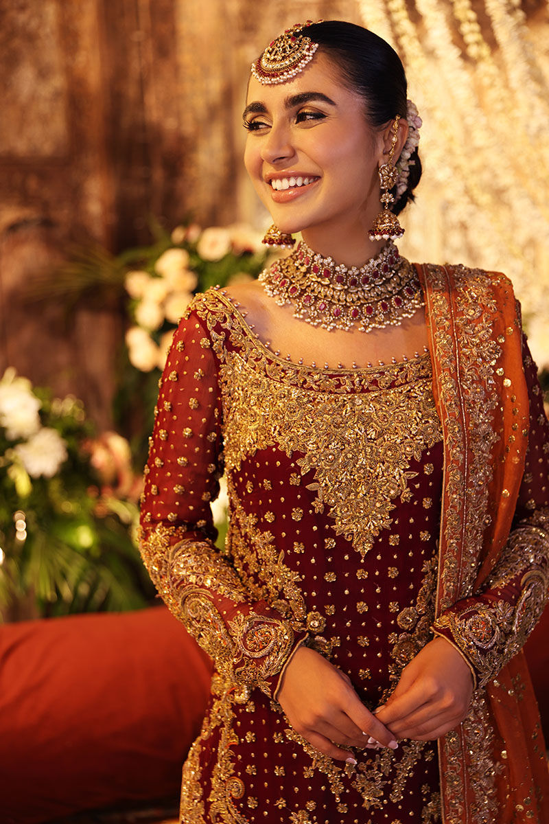 Roshane-Red Bridal Outfit with Heavy Embellishments and Gharara