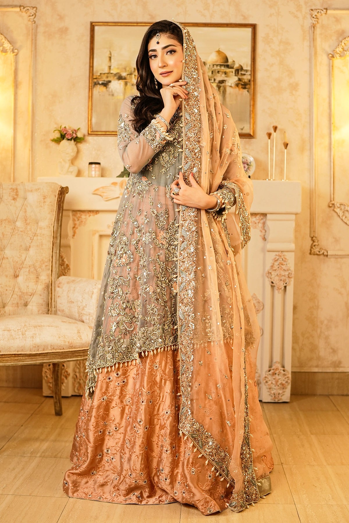 Roshaneh grey embellished net wedding dress with peach sheesha silk sharara and organza dupatta