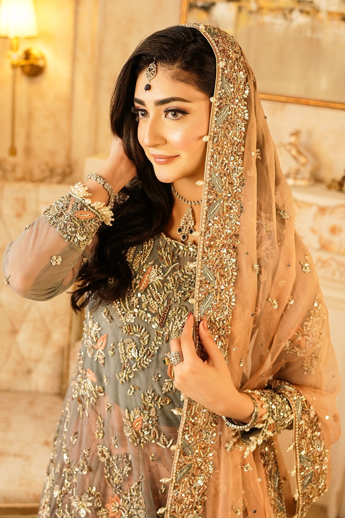 Roshaneh grey embellished net wedding dress with peach sheesha silk sharara and organza dupatta