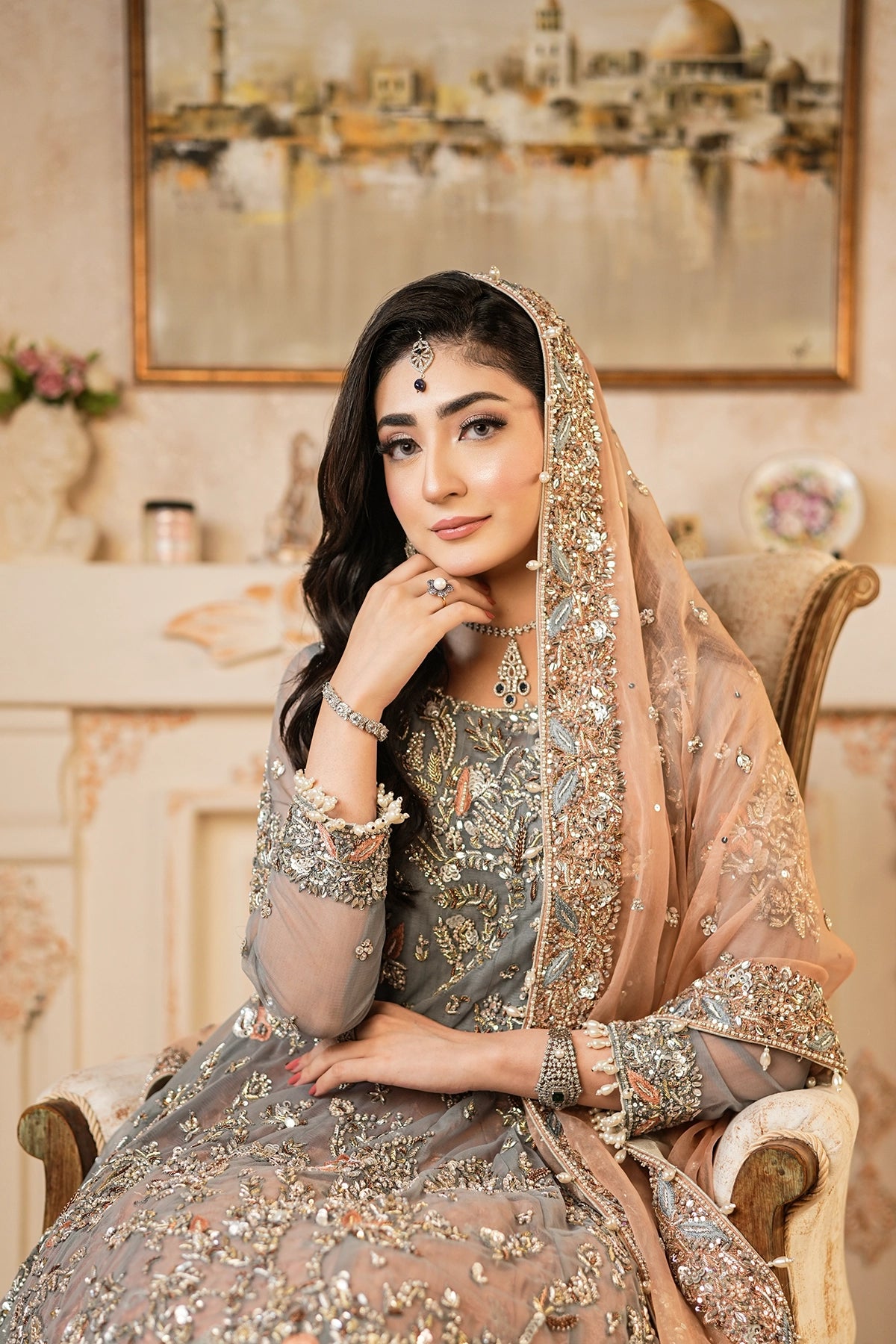 Roshaneh grey embellished net wedding dress with peach sheesha silk sharara and organza dupatta