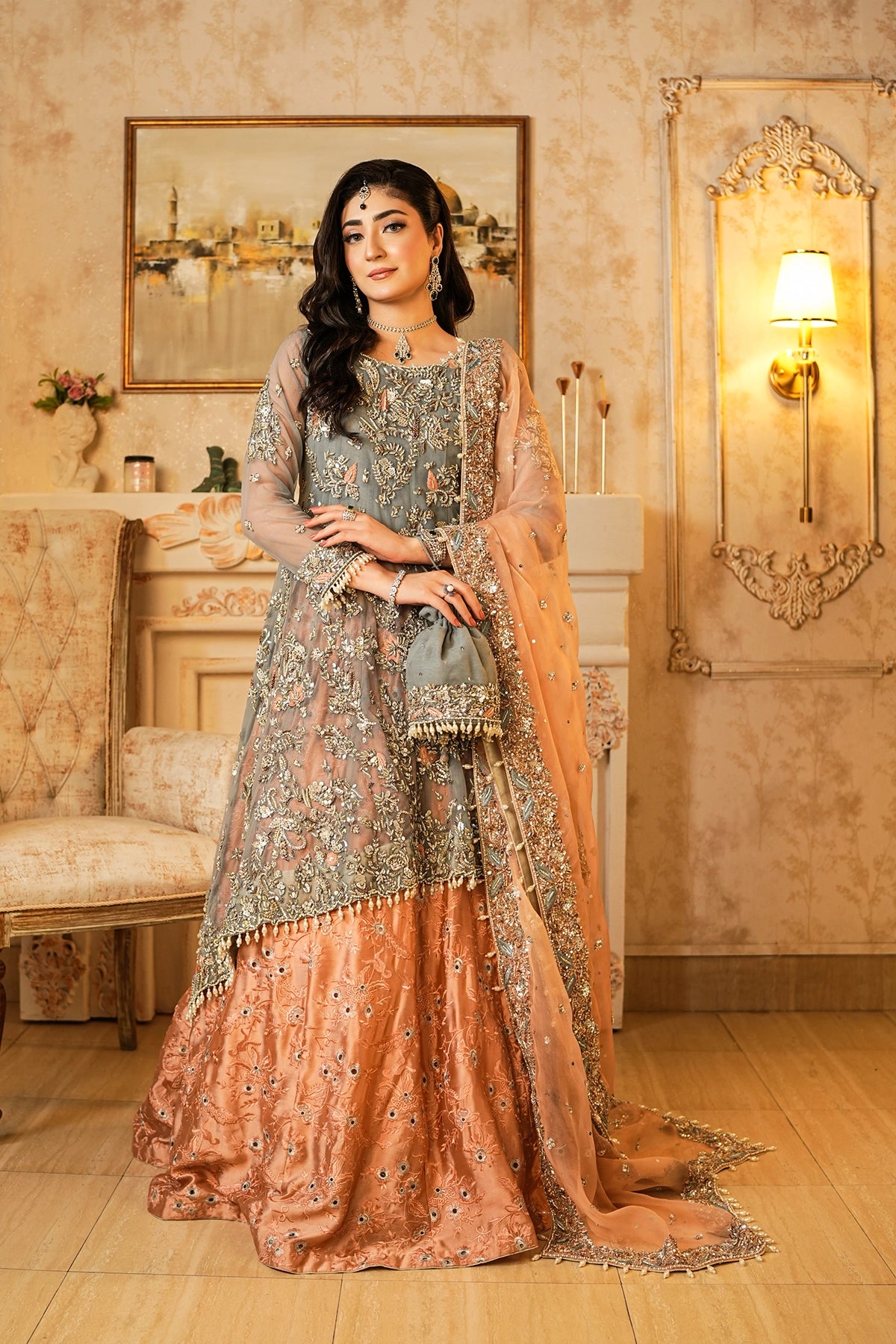 Roshaneh grey embellished net wedding dress with peach sheesha silk sharara and organza dupatta