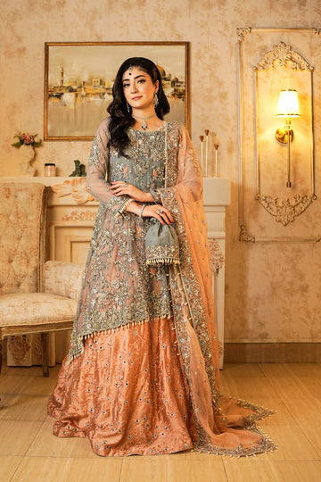 Roshaneh grey embellished net wedding dress with peach sheesha silk sharara and organza dupatta