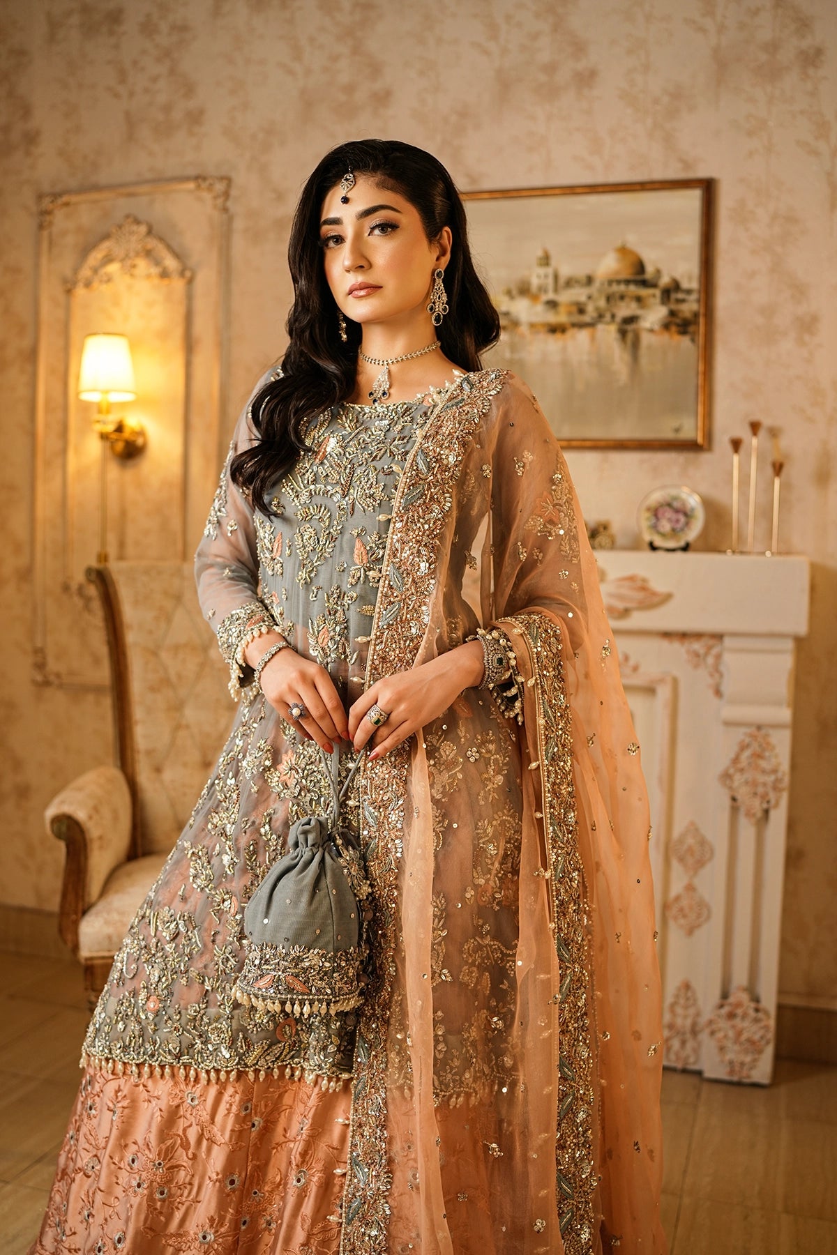 Roshaneh grey embellished net wedding dress with peach sheesha silk sharara and organza dupatta