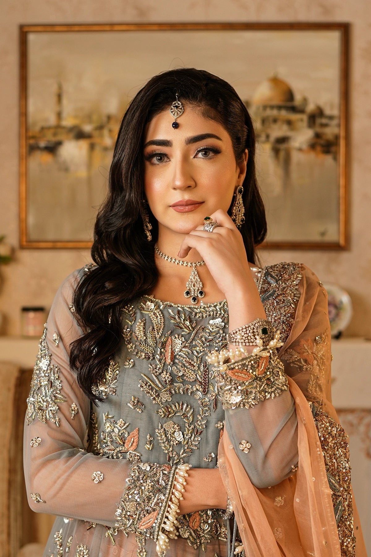 Roshaneh grey embellished net wedding dress with peach sheesha silk sharara and organza dupatta