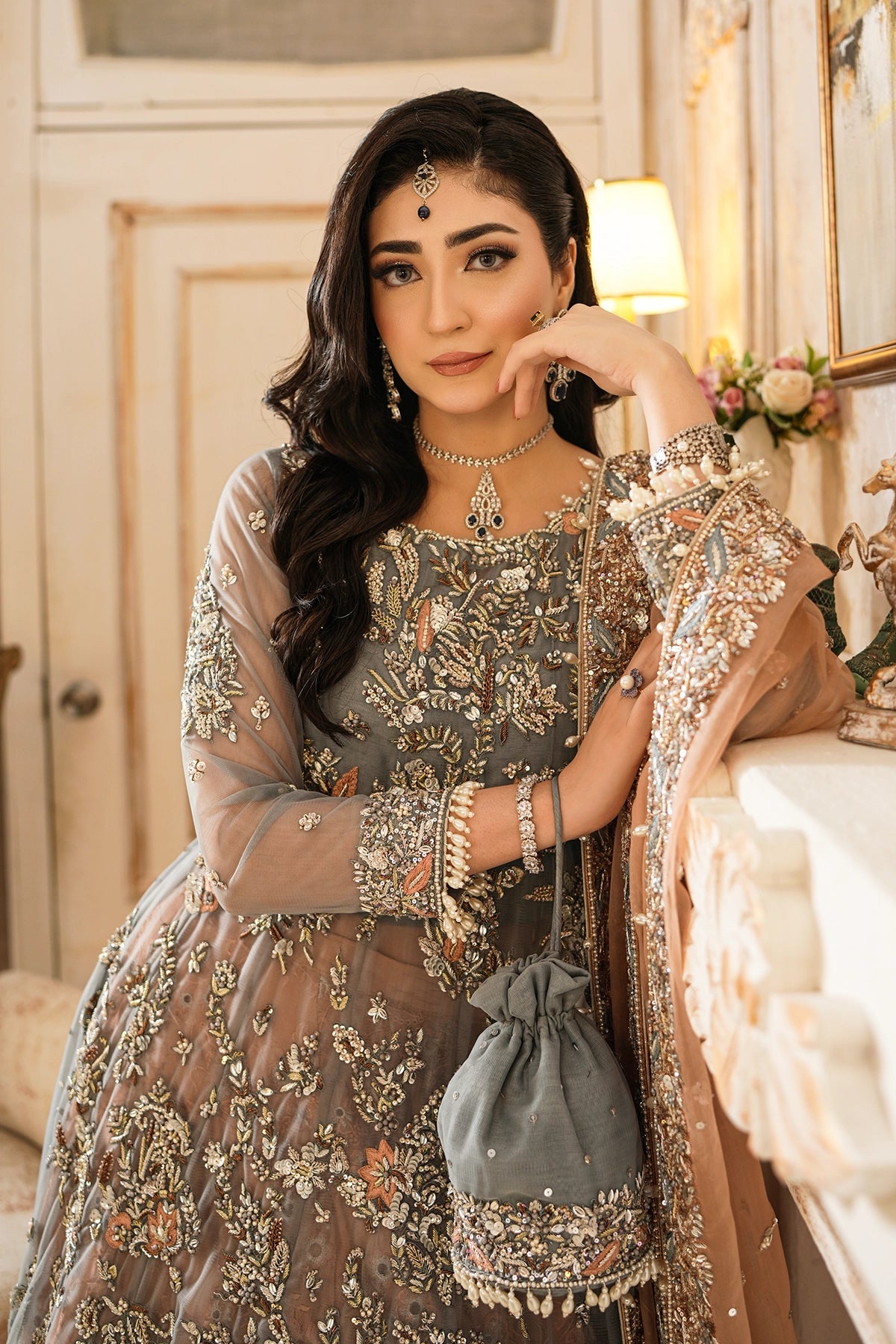 Roshaneh grey embellished net wedding dress with peach sheesha silk sharara and organza dupatta