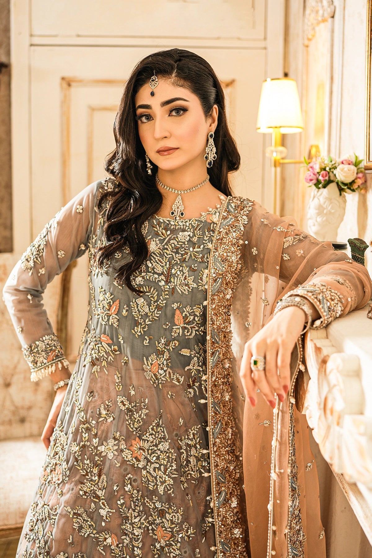 Roshaneh grey embellished net wedding dress with peach sheesha silk sharara and organza dupatta