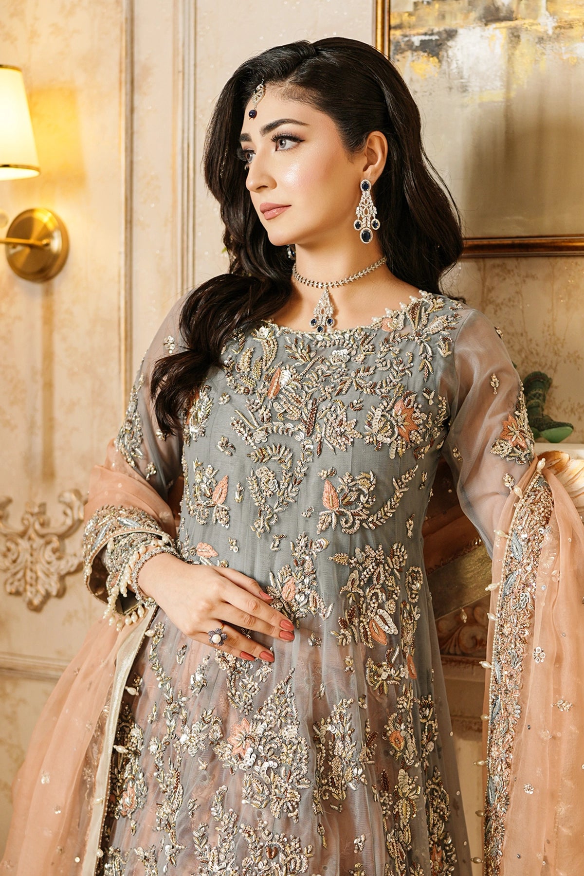 Roshaneh grey embellished net wedding dress with peach sheesha silk sharara and organza dupatta