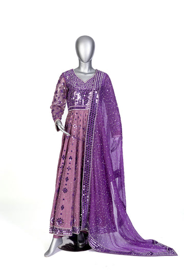Roshni Purple Anarkali by MariamRaj: Raw silk frock with mirror and hand embroidery, straight silk pants, organza dupatta, ideal for weddings, mehndi, and receptions