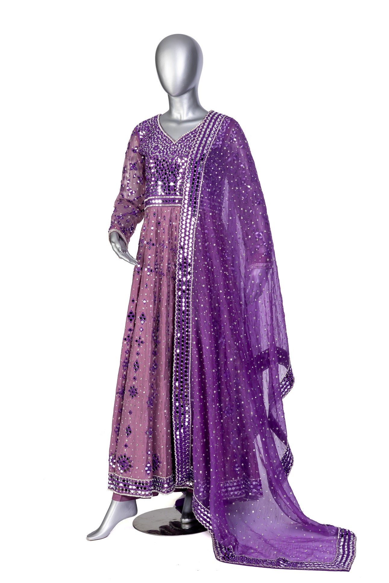  Roshni Purple Anarkali by MariamRaj: Raw silk frock with mirror and hand embroidery, straight silk pants, organza dupatta, ideal for weddings, mehndi, and receptions