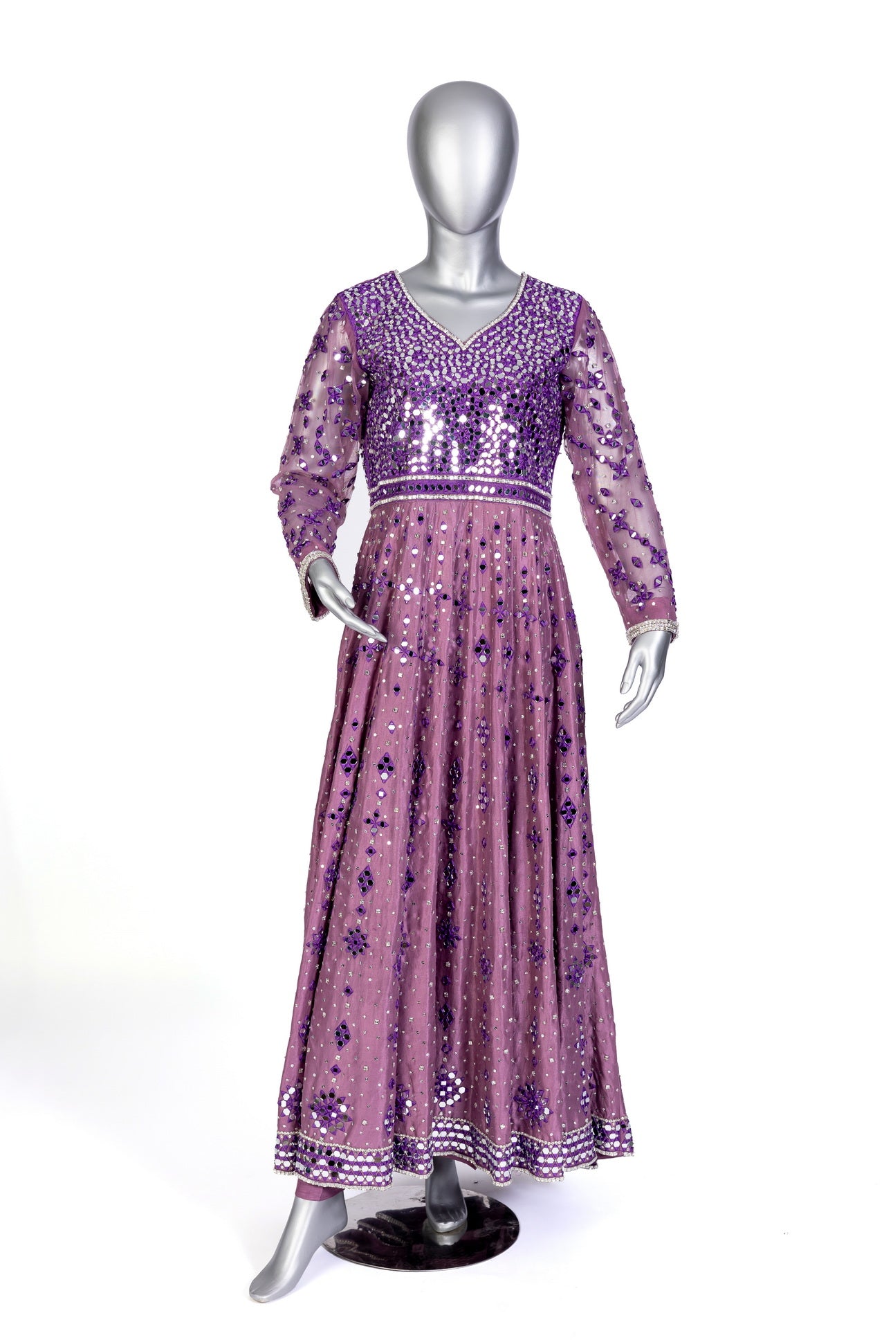  Roshni Purple Anarkali by MariamRaj: Raw silk frock with mirror and hand embroidery, straight silk pants, organza dupatta, ideal for weddings, mehndi, and receptions