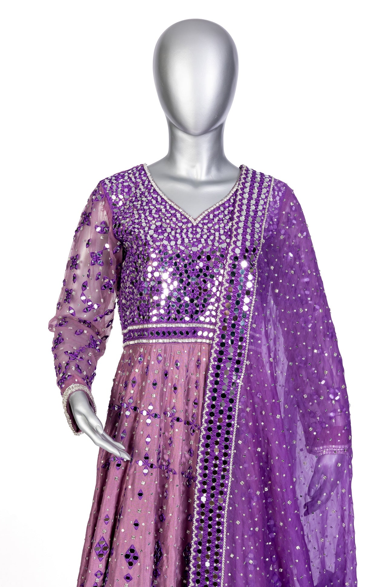 Roshni Purple Anarkali by MariamRaj: Raw silk frock with mirror and hand embroidery, straight silk pants, organza dupatta, ideal for weddings, mehndi, and receptions