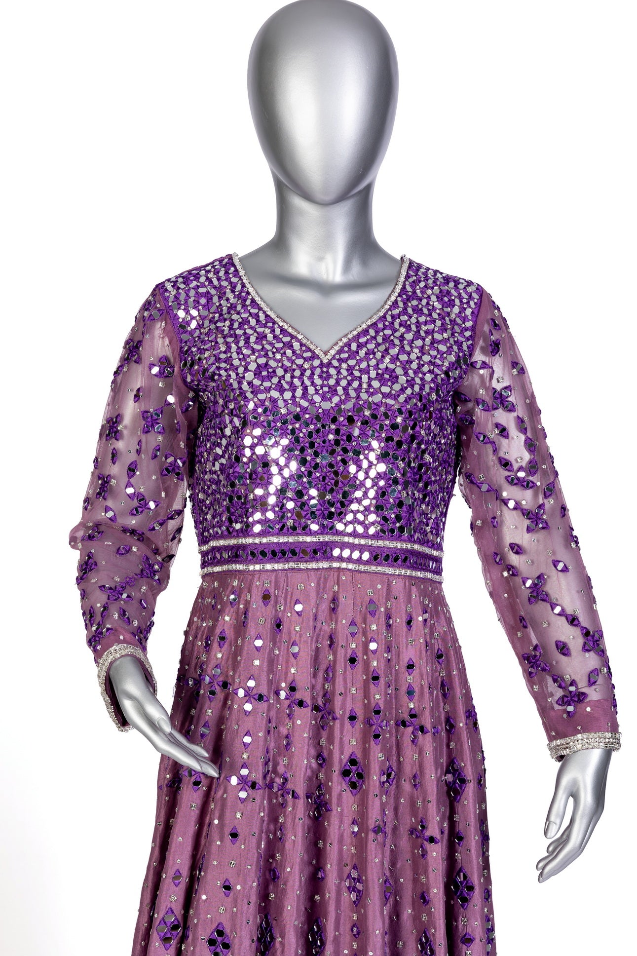 Roshni Purple Anarkali by MariamRaj: Raw silk frock with mirror and hand embroidery, straight silk pants, organza dupatta, ideal for weddings, mehndi, and receptions