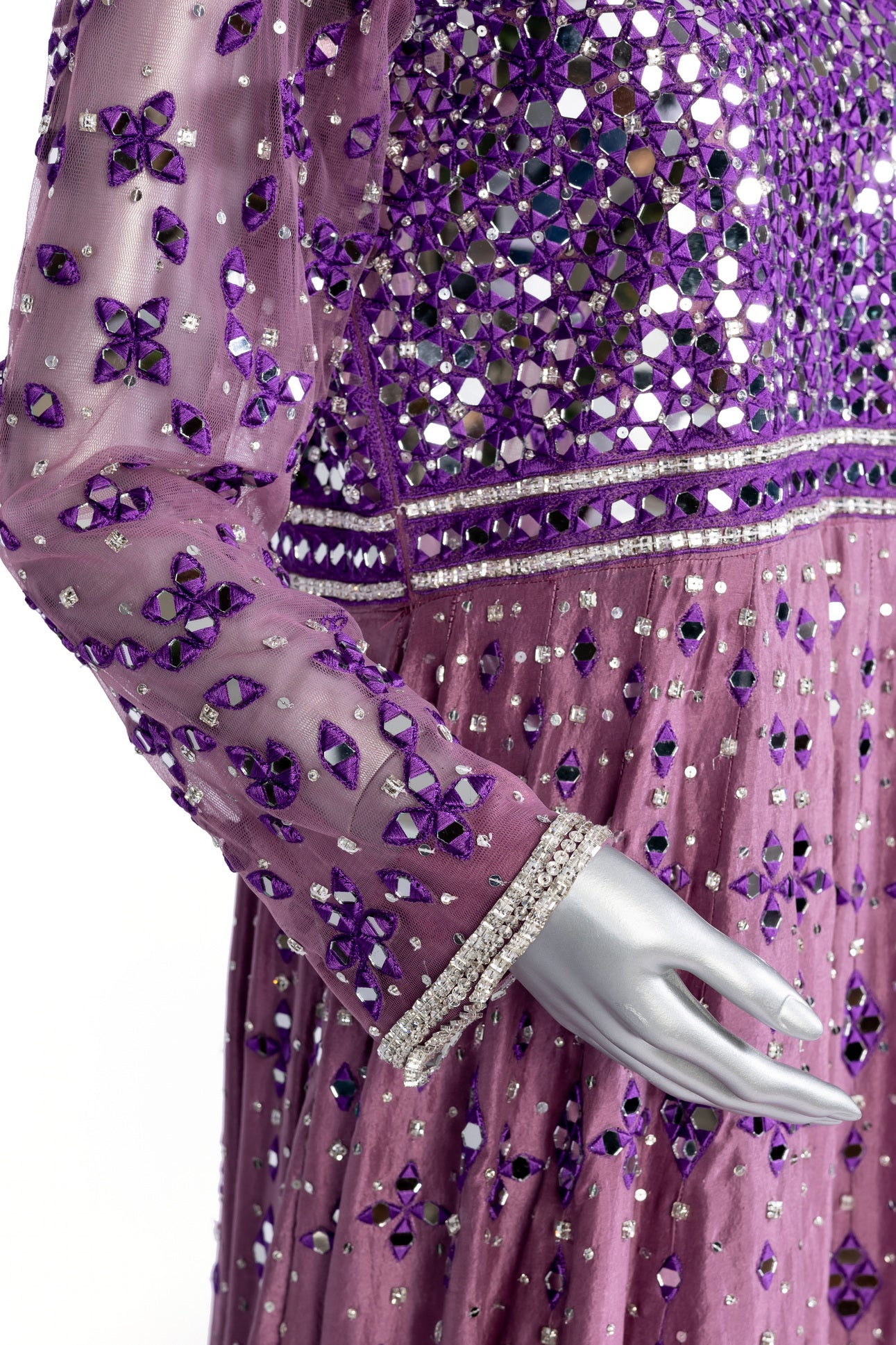  Roshni Purple Anarkali by MariamRaj: Raw silk frock with mirror and hand embroidery, straight silk pants, organza dupatta, ideal for weddings, mehndi, and receptions