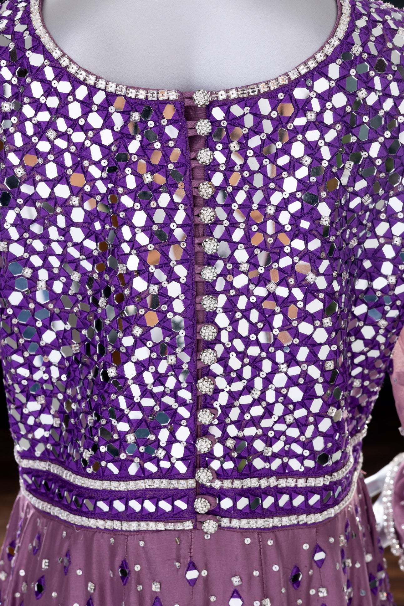 Roshni Purple Anarkali by MariamRaj: Raw silk frock with mirror and hand embroidery, straight silk pants, organza dupatta, ideal for weddings, mehndi, and receptions