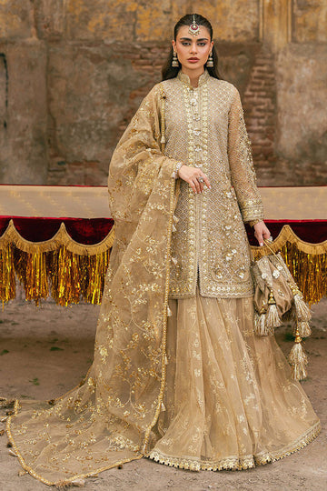 Roshni MNR gold jacket sharara outfit with embroidered organza and printed sharara, stitched and available at Pakistanimoda for Canada festive events.