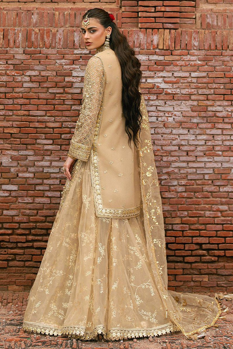 Roshni MNR gold jacket sharara outfit with embroidered organza and printed sharara, stitched and available at Pakistanimoda for Canada festive events.
