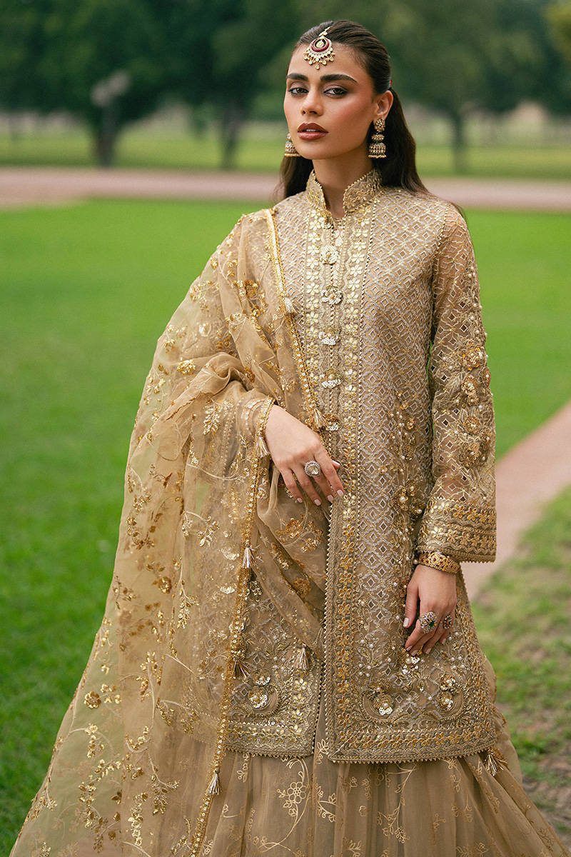 Roshni MNR gold jacket sharara outfit with embroidered organza and printed sharara, stitched and available at Pakistanimoda for Canada festive events.