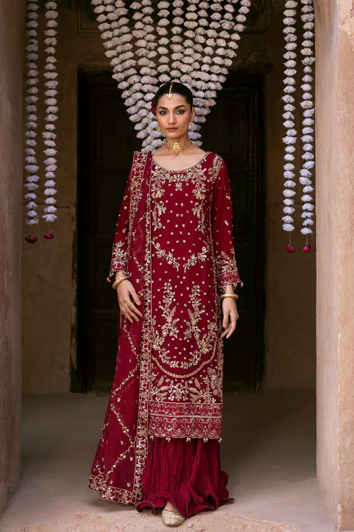 Rosmyn elegant deep maroon chiffon embroidered three-piece party wear set with raw silk trouser and chiffon dupatta by Emaan Adeel, available at Pakistanimoda.com.