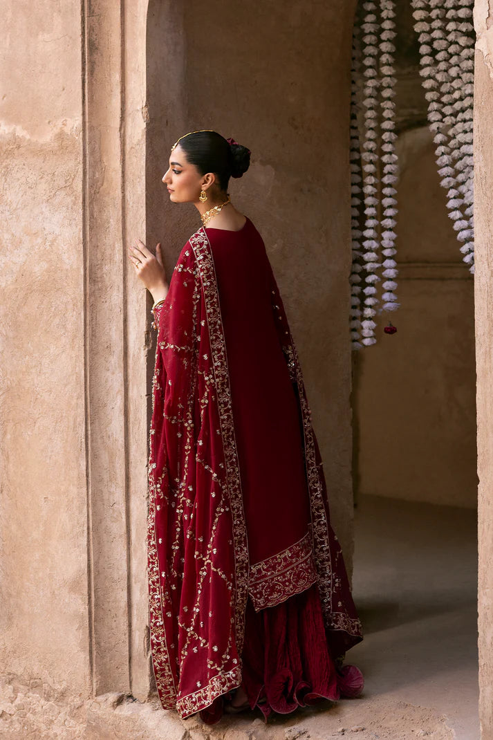Rosmyn elegant deep maroon chiffon embroidered three-piece party wear set with raw silk trouser and chiffon dupatta by Emaan Adeel, available at Pakistanimoda.com.