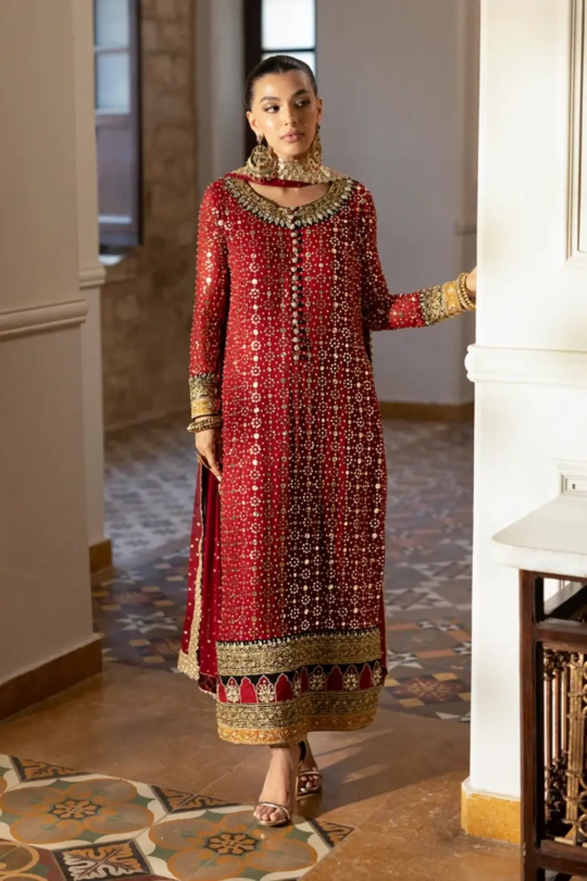 Rouge Glow red Mukesh chiffon stitched wedding formal suit with Zardozi embroidery, pure Jamawar pants and chiffon dupatta