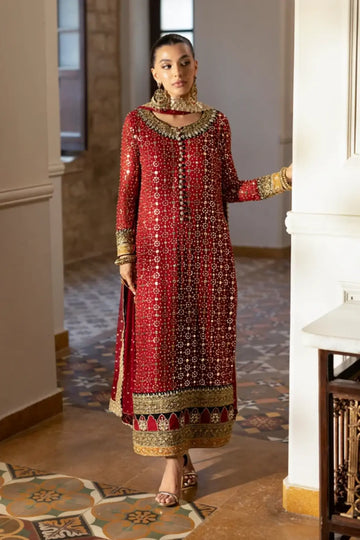 Rouge Glow red Mukesh chiffon stitched wedding formal suit with Zardozi embroidery, pure Jamawar pants and chiffon dupatta