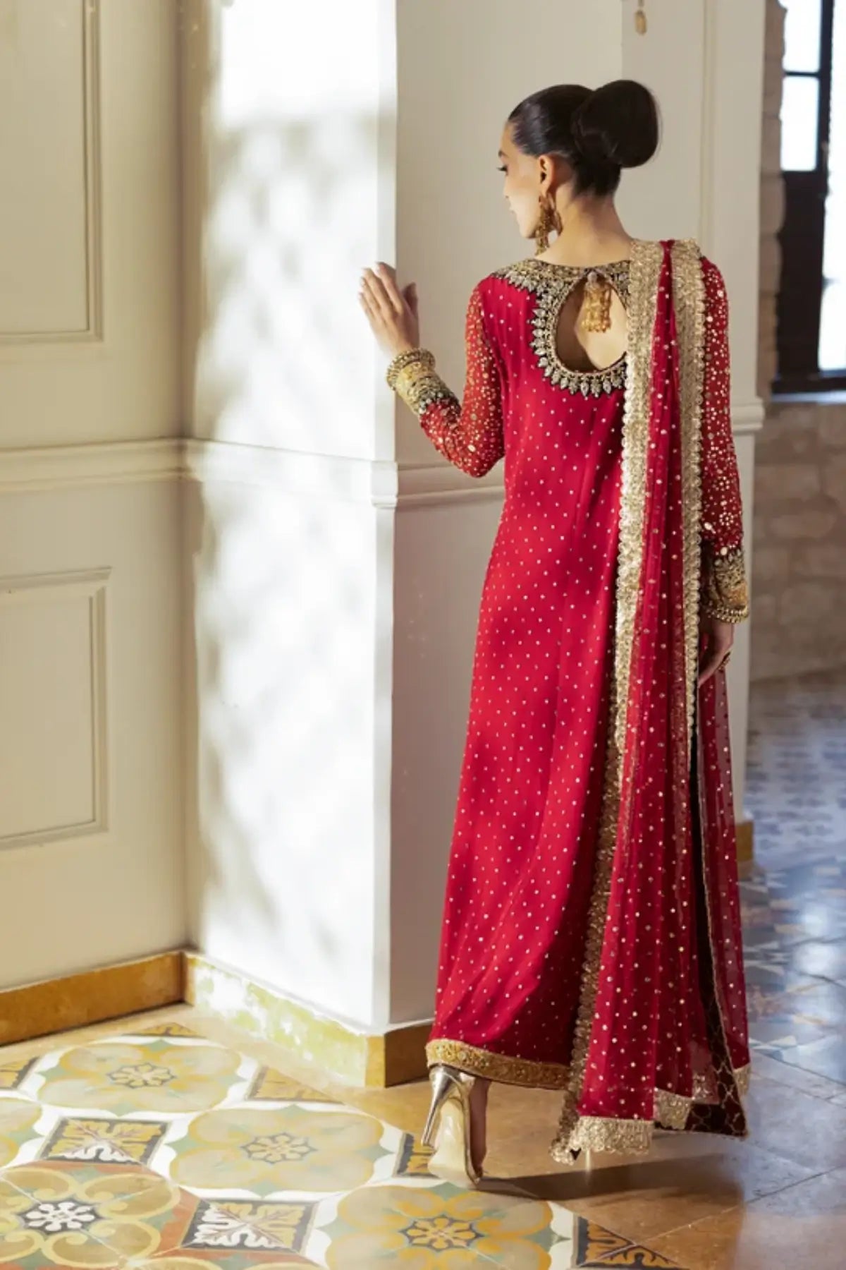 Rouge Glow red Mukesh chiffon stitched wedding formal suit with Zardozi embroidery, pure Jamawar pants and chiffon dupatta