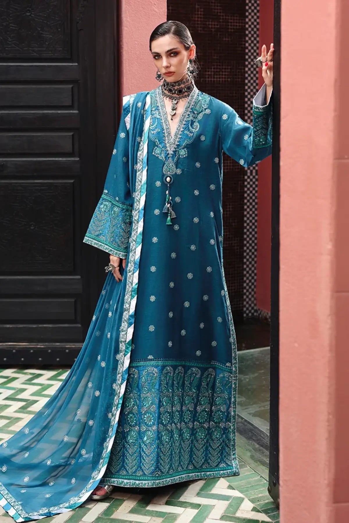 Rouge Sapphire Nuvera teal embroidered raw silk stitched 3PC suit with chiffon dupatta