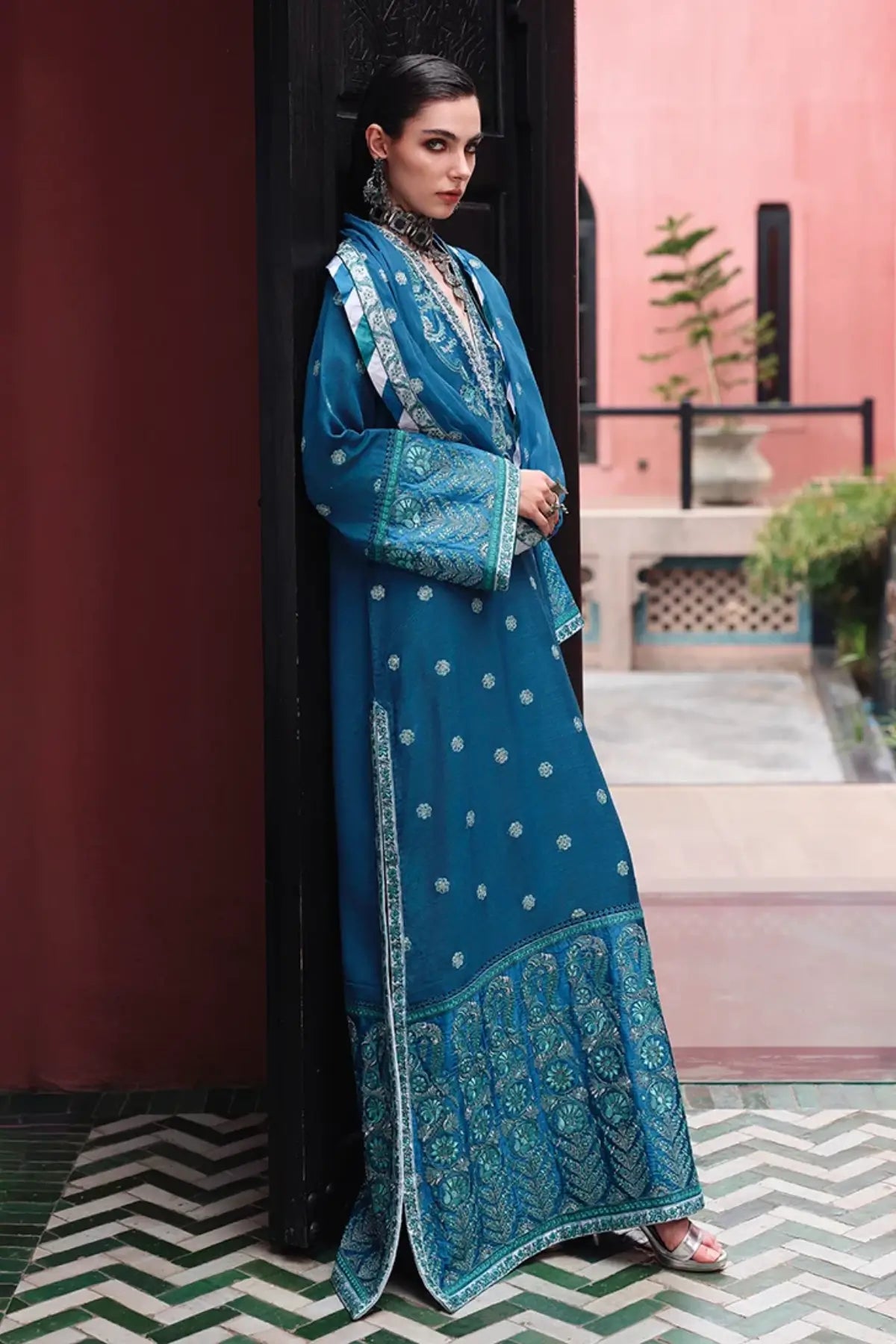 Rouge Sapphire Nuvera teal embroidered raw silk stitched 3PC suit with chiffon dupatta