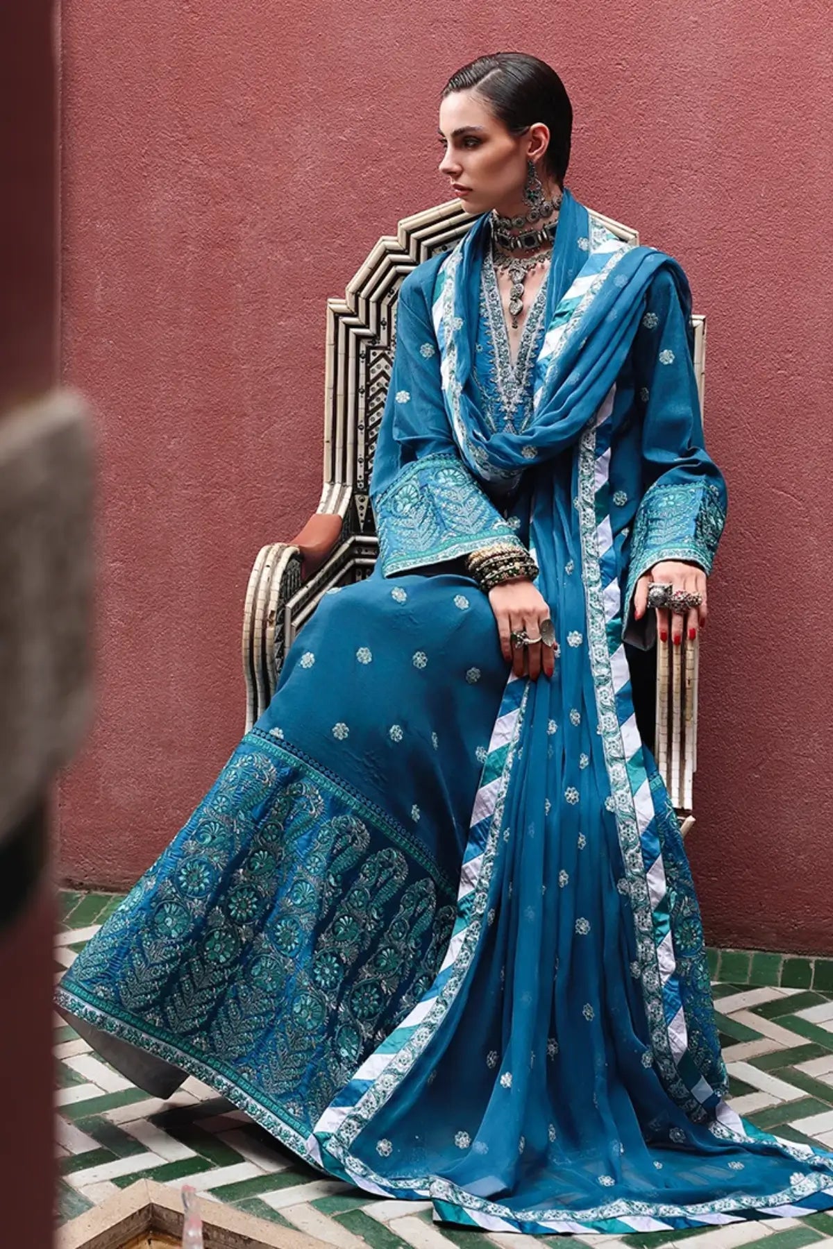 Rouge Sapphire Nuvera teal embroidered raw silk stitched 3PC suit with chiffon dupatta