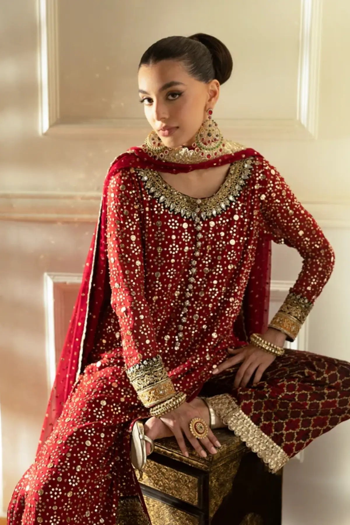Rouge Glow red Mukesh chiffon stitched wedding formal suit with Zardozi embroidery, pure Jamawar pants and chiffon dupatta