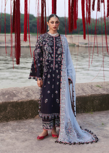 Rouge Plum Karandi Culotte Suit with Light Blue Chiffon Dupatta by Hussain Rehar | pakistanimoda.com