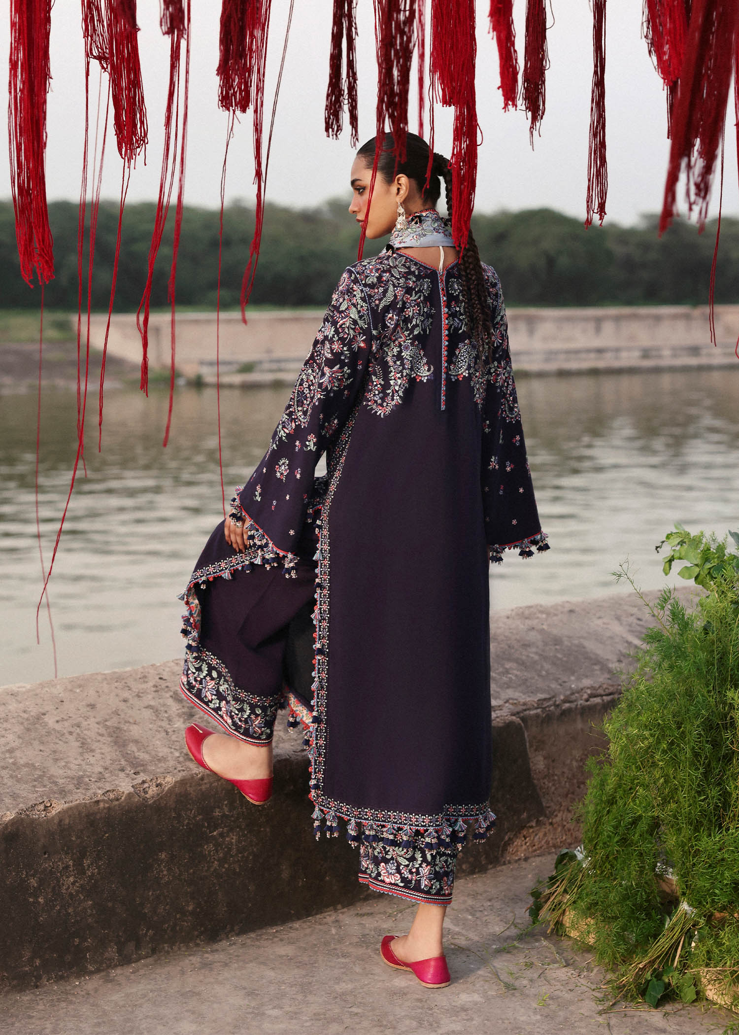 Rouge Plum Karandi Culotte Suit with Light Blue Chiffon Dupatta by Hussain Rehar | pakistanimoda.com