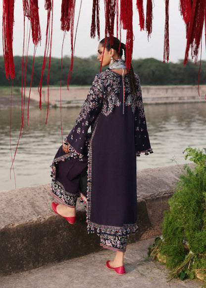 Rouge Plum Karandi Culotte Suit with Light Blue Chiffon Dupatta by Hussain Rehar | pakistanimoda.com