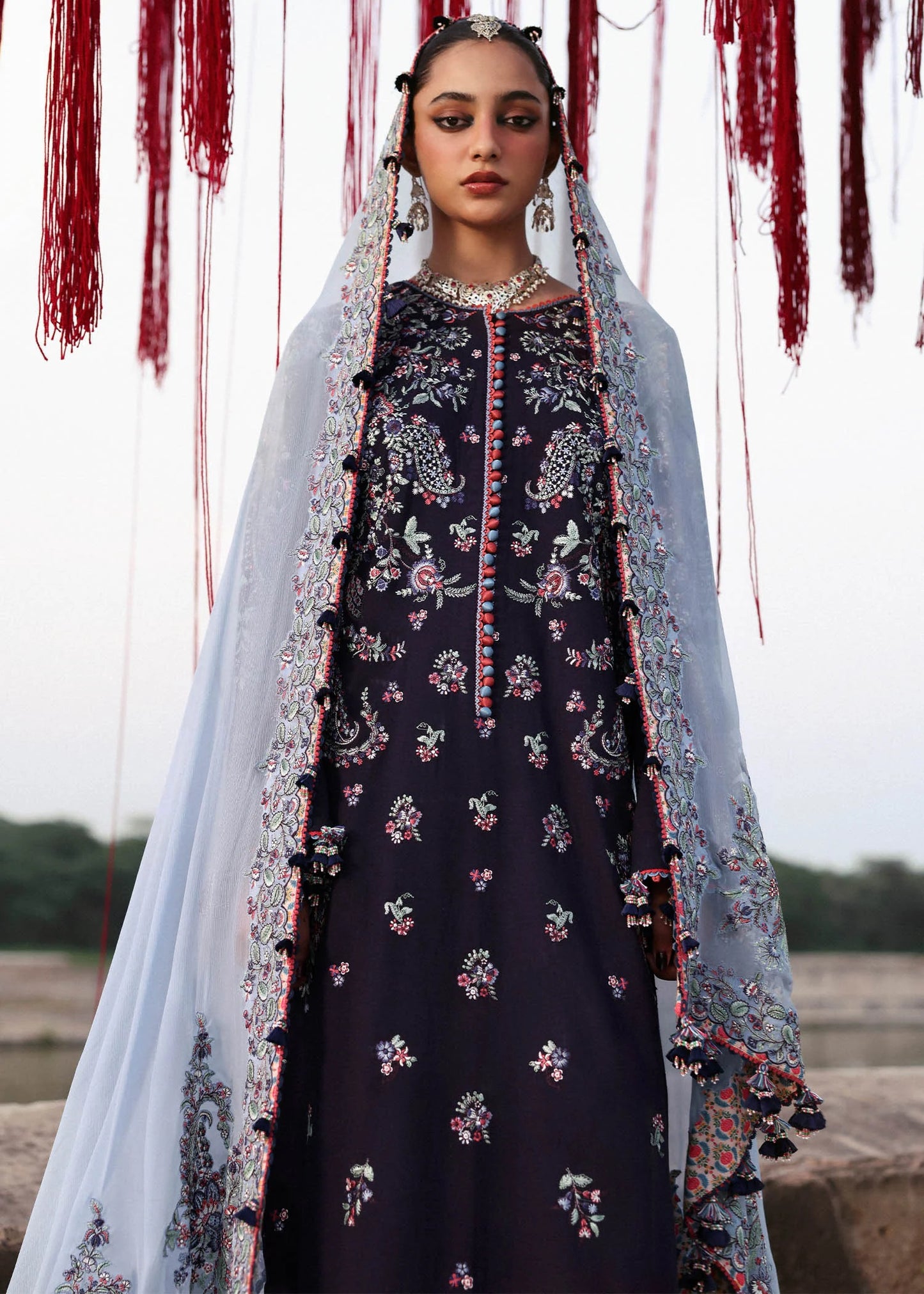 Rouge Plum Karandi Culotte Suit with Light Blue Chiffon Dupatta by Hussain Rehar | pakistanimoda.com