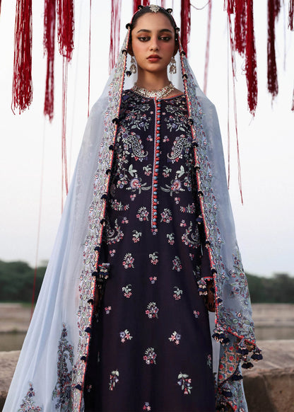 Rouge Plum Karandi Culotte Suit with Light Blue Chiffon Dupatta by Hussain Rehar | pakistanimoda.com