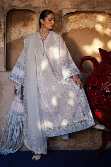 Rouhaan EL26-04 A silver blue Élan Lawn'26 stitched 3PC suit with organza dupatta
